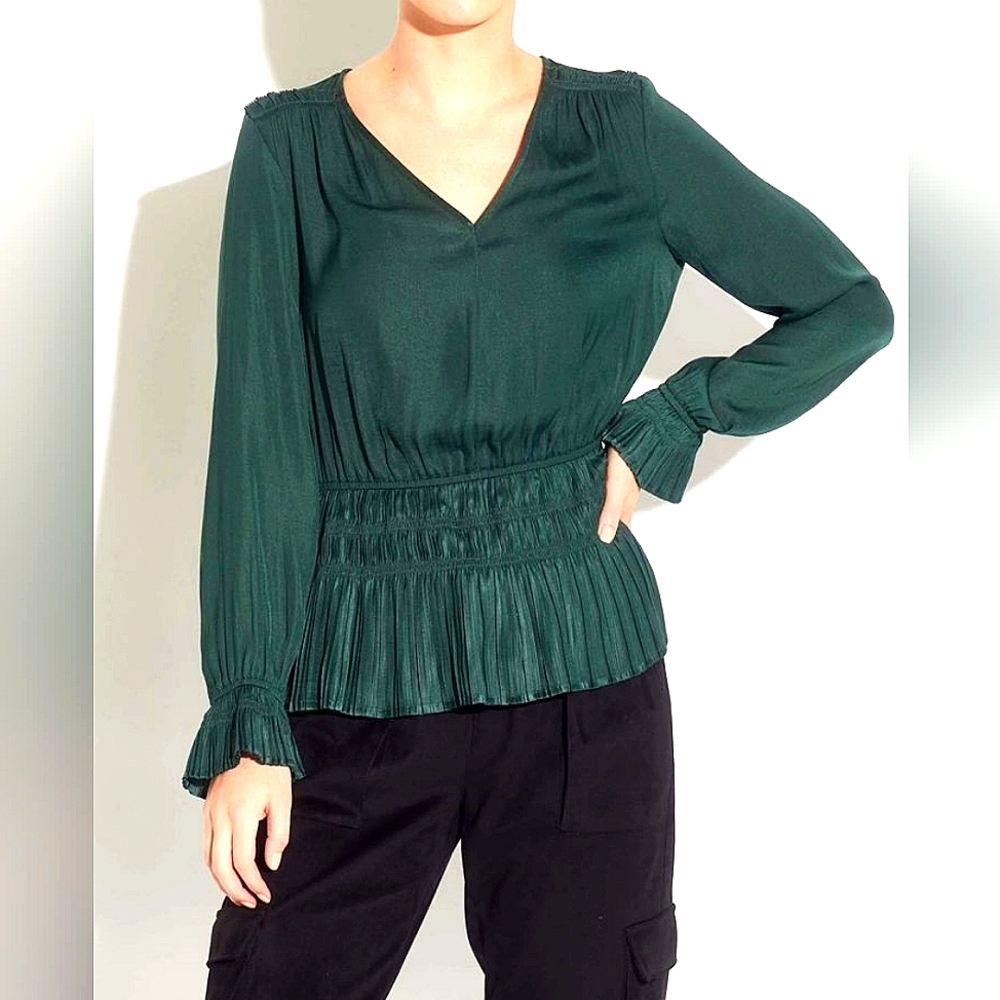 Cathrine Malandrino Airflow V-Neck Peplum Waist Blouse Emerald Green Sz: Small